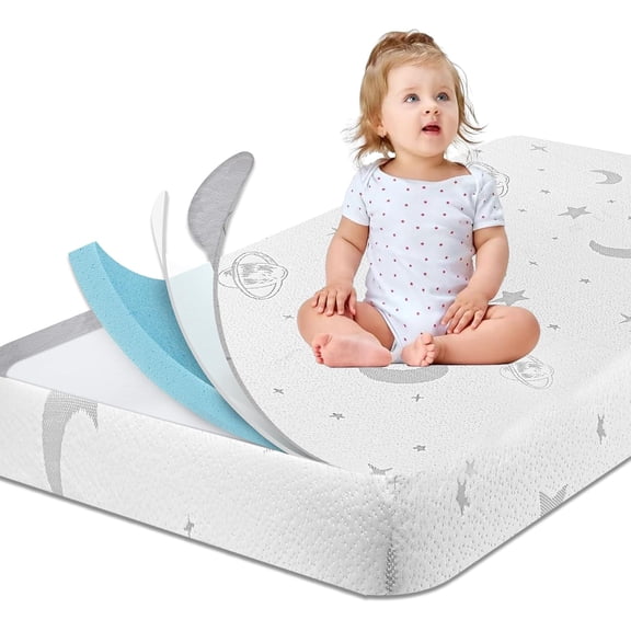HREVAI 2-Stage Dual-Sided Memory Foam Toddler Crib Mattress, Breathable Removable Cover with Non-Slip Bottom, Baby Mattress for Crib, Standard Size