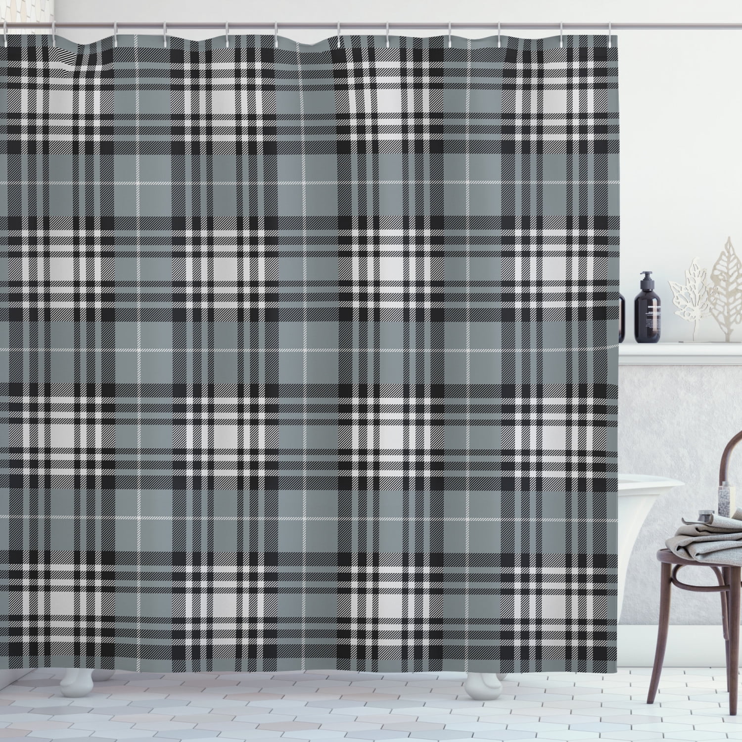 Checkered Shower Curtain, Old Fashioned Plaid Tartan in Dark Colors