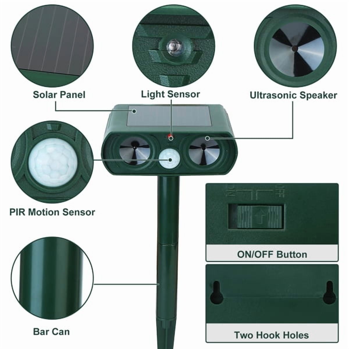 Solar Powered Ultrasonic Animal Repeller Motion Sensor Repellent Device, IPX4 Waterproof, For Repelling Squirrels/Raccoons/Dogs/Cats, Outdoor Use, Green