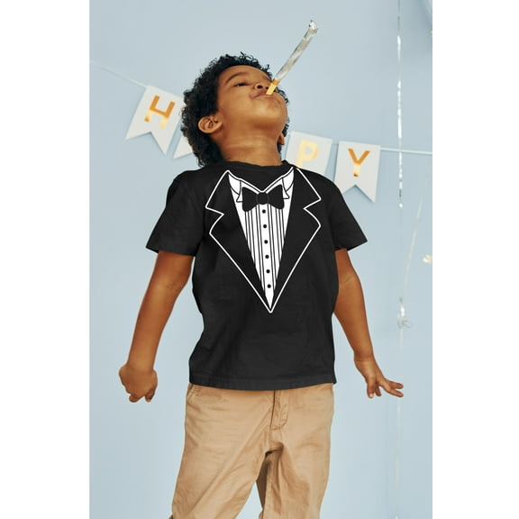 Kids Funny Tuxedo T-Shirt Bowtie & Button Black/White, Medium
