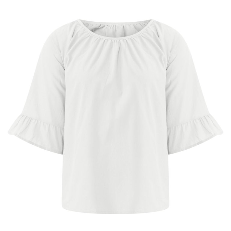 Women Shirts Plus Size 2024 Short Sleeve Tops for Women Solid Ruffle Tee  Fitted Round Neck Blouse Casual Loose T Shirt Plus Size Summer Shirts  Camiseta Blanca Para Mujer 