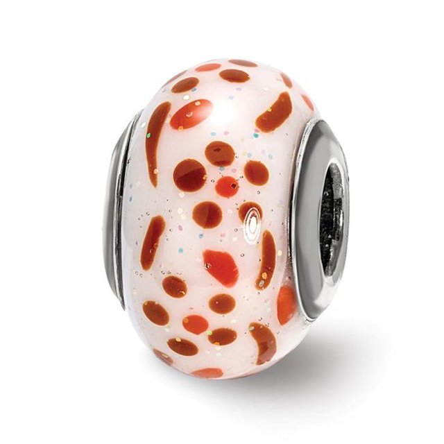 Sterling Silver Reflections Brown & Orange Glitter Flower Italian Glass Bead
