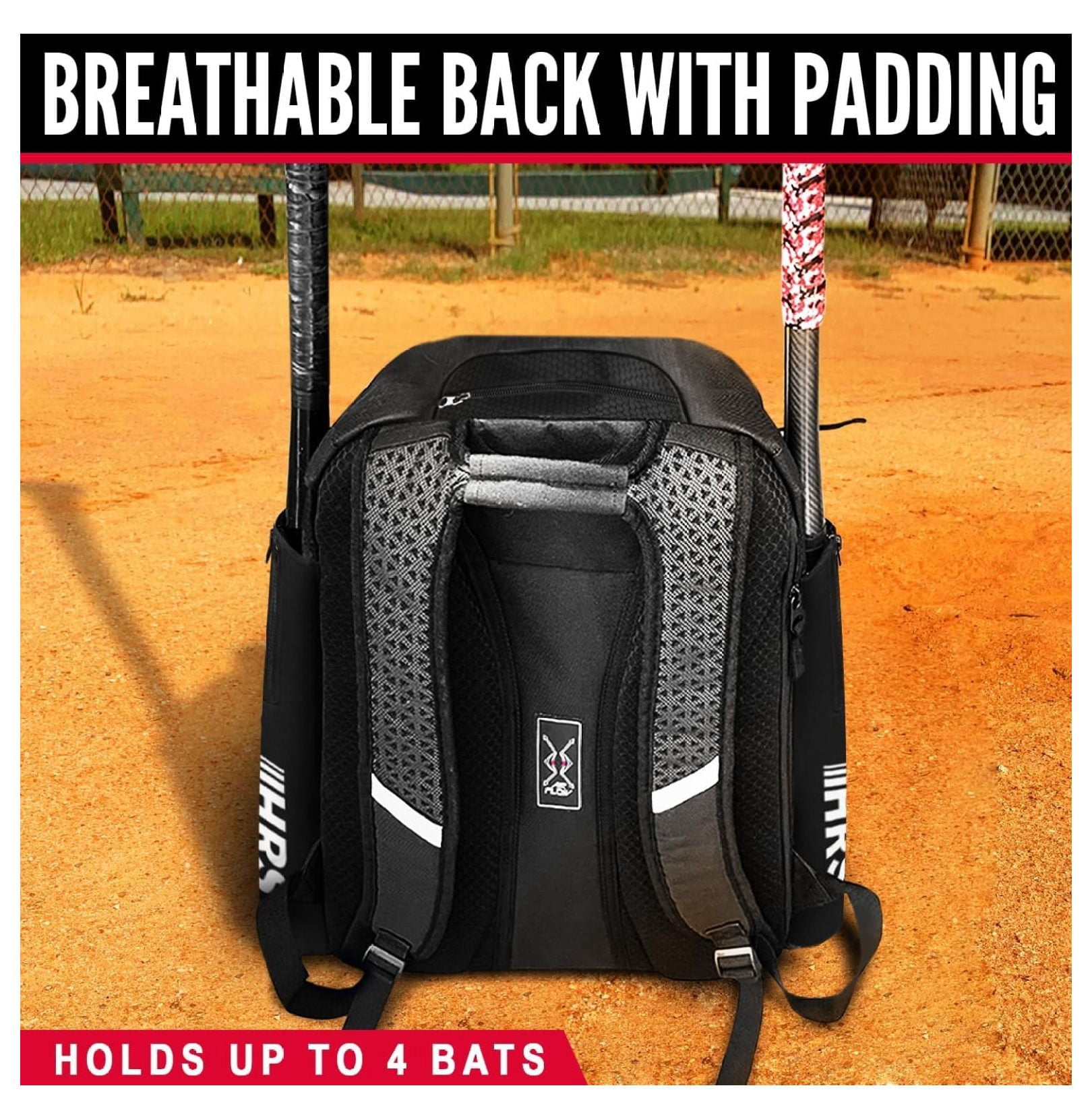Baseball Bag, Softball Bat Bag for Youth & Adult. Holds 4 Bats, Glove, Water Bottle, Shoe Compartment, Helmet, Fence Hook for Equipment & Gear Black
