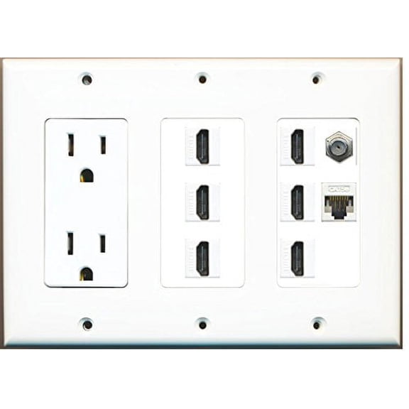 RiteAV - (3 Gang 15A Power Outlet 6 HDMI Coax Cat5e White Wall Plate White