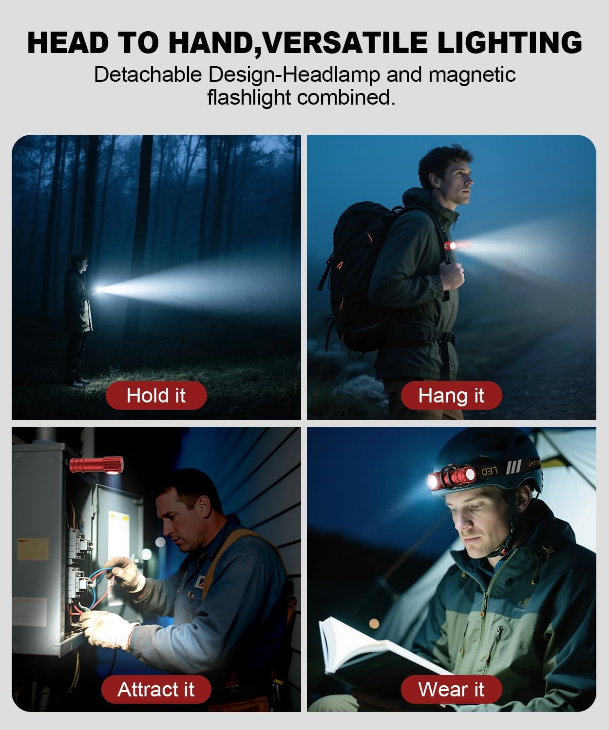 High Lumens LED Rechargeable Headlamp for Adults - Hard Hat Light Running Head Lamp with Red Light, Magnet, 180° Tilt, 7 Modes, Detachable Flashlight & Headband, Outdoor, Emergency Use 2PC Red