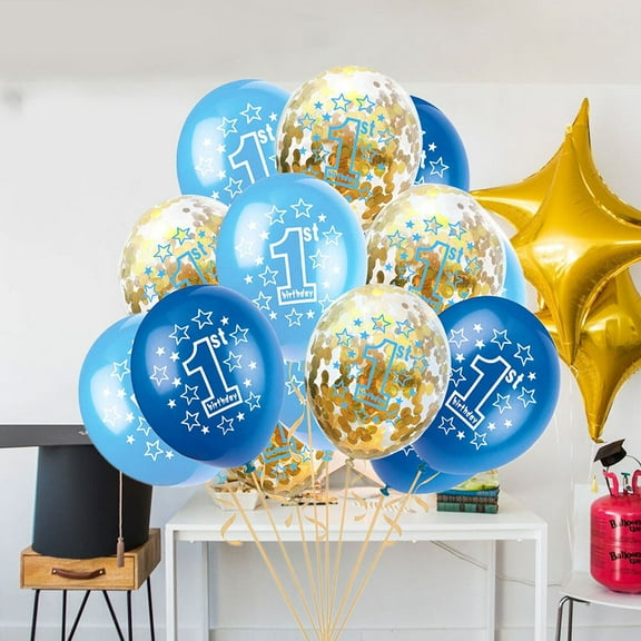 WHAMVOX 15pcs 12 Inches Latex Balloons Printed Inflatable Balloons Baby Shower 1 Year Old Birthday Party Decoration Balloons Sets (Blue   Golden, with a Roll of Random Color Ribbon)