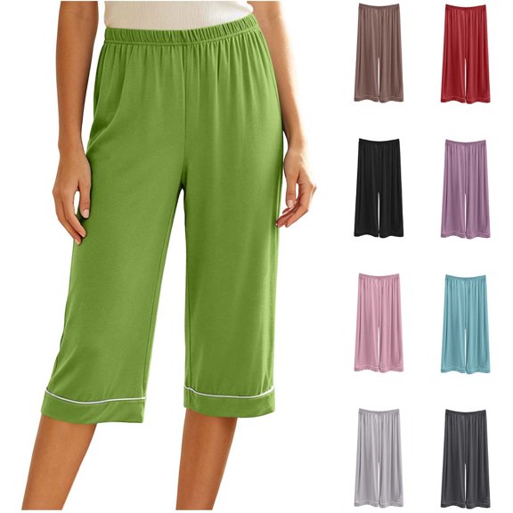 Bixock Women Pajamas Pants Loungewear Pants Capris Pants Solid Color Elastic Waist Wide Leg Loose Thin Textile Wearable Outside Indoor Homewear Sleepwear Trousers Women Clothings