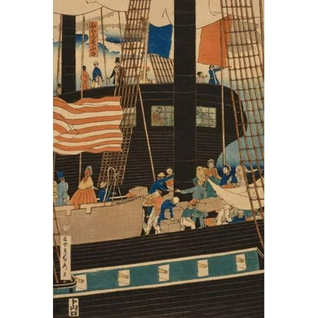 Japanese pentaptych print shows an American ship in the harbor at Yokohama Japan small boats ferry cargo which is being carried up a gangplank contributing to the bustle of activity on the main