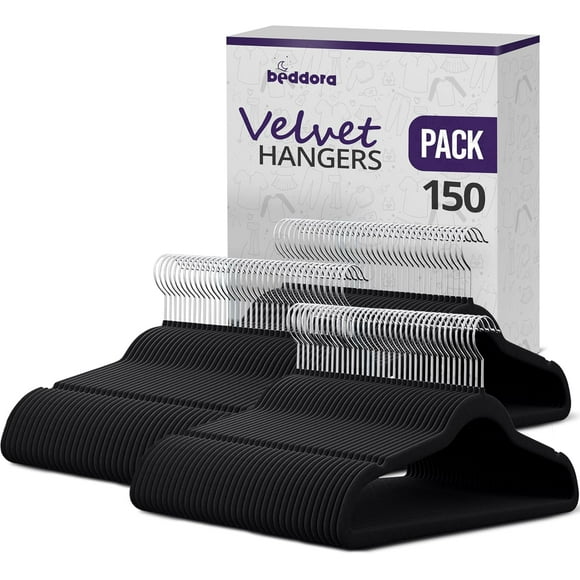 Beddora black velvet hangers 150 pack non slip slim design with 360° swivel hook durable space saving coat and pant hangers
