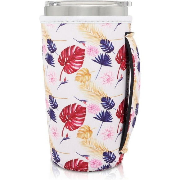 SHILIU-Neoprene Insulated Sleeves Cup Holder with Handle for 20oz Tumbler Cups, Reusable Iced Coffee Sleeve Compatible with Starbucks Trenta, Dunkin Large, more(Tropical Palms)