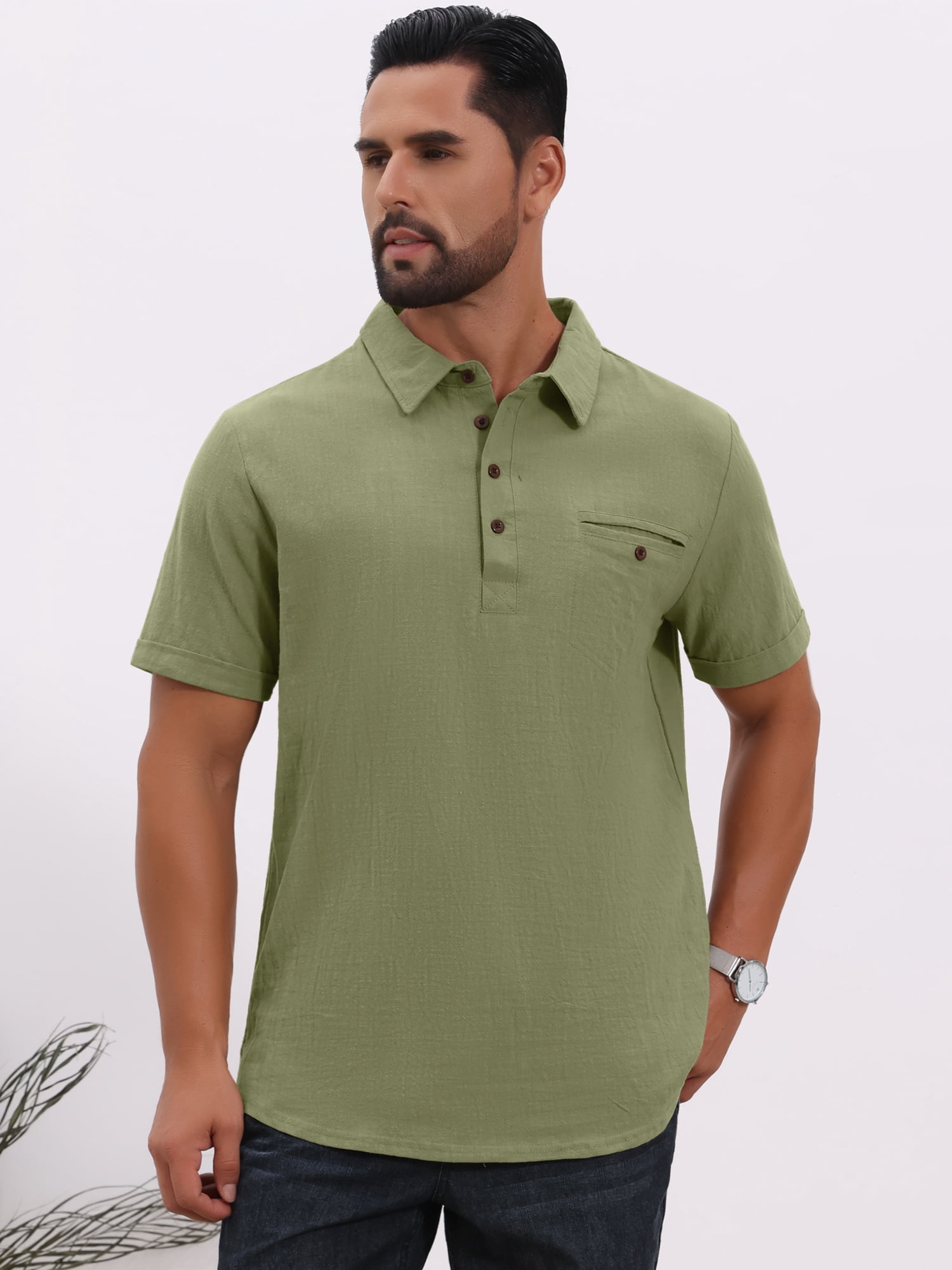 DARING DIVA Men's Linen Chest Pocket Short Sleeve Casual Hawaiian Shirts 2XL Olive Green