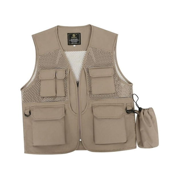 Multifunction Men Fishing Vest Multi Pockets Mesh Cloth Outerwear  Breathable Polyester Waistcoat for Photography Camping Hunting Hiking Trip  Khaki 3XL 
