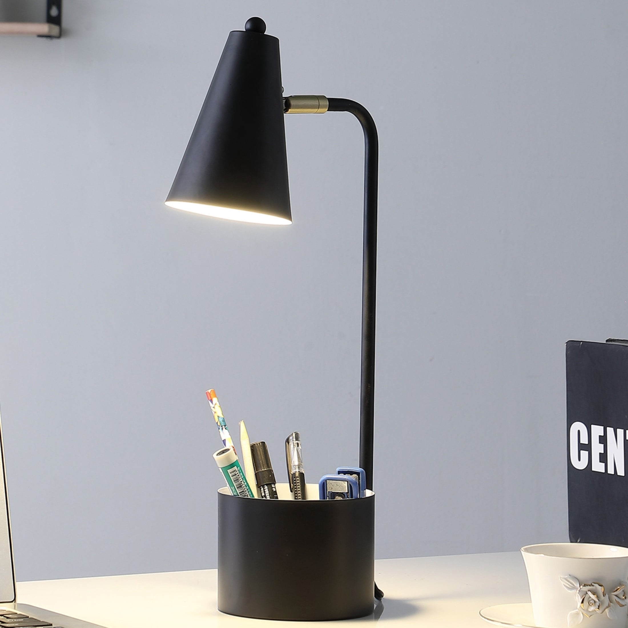 Noble House 19.5" Student Task Desk Lamp, Modern Metal Base with Organizer, Cone Shade, E26 Socket, Black