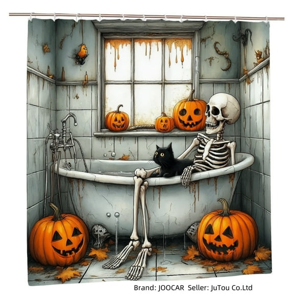 JOOCAR Polyester Shower Curtain with Halloween Skeleton, Pumpkins, and Black Cat for Home Bathroom Bath Tub Decor 72x72 inch