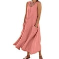 thumbnail image 1 of Vestido largo sin mangas de lino para mujer: vestido informal con cuello redondo y bolsillos, poliéster/spandex, tallas S-XXL., 1 of 6