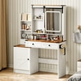 thumbnail image 3 of Mvvte Farmhouse Women Vanity Desk with Sliding Mirror and Lights, Rustic Big Makeup Table with Charging Station, Drawers, Cabinets, and Adjustable Shelves for Bedroom (White & Brown), 3 of 7