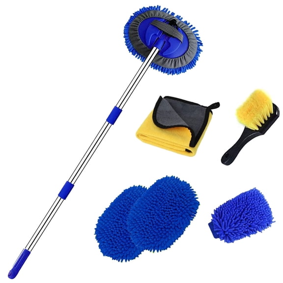 47.5'' Car Wash Brush with Long Handle, 2 in 1 Chenille Microfiber Sponge Mitt Cleaning Detailing Duster, set includes Wash Mitt Towel Replacement mop cover Wheel Brush for Car Truck RV（Blue）