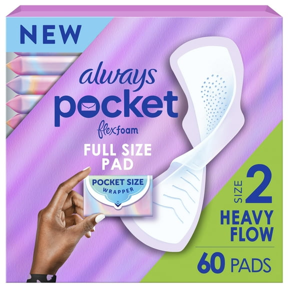 Always Pocket Feminine Pads with FlexFoam, Size 2, Heavy Flow, with Wings, Unscented, 60 Count (3 Packs of 20)