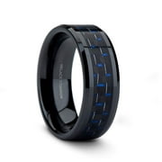 Thorsten Zayden | Titanium Rings for Men | Lightweight Titanium | Comfort Fit | Black Titanium Ring with Blue & Black Carbon Fiber Inlay and Bevels - 8mm