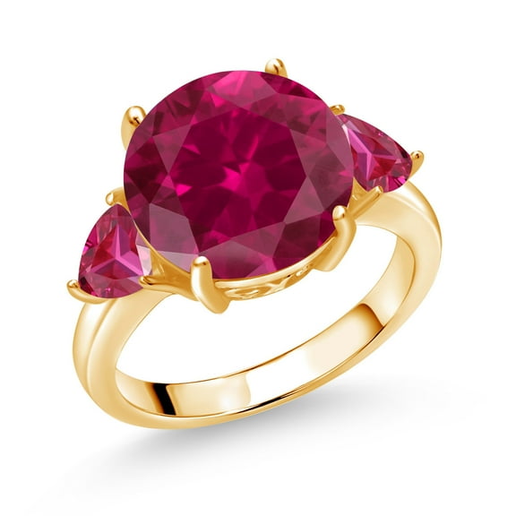 Gem Stone King 18K Yellow Gold Plated Silver Red Created Ruby 3-Stone Ring for Women | 7.86 Cttw | Round 12MM | Trillion 5MM | Three Stone Wedding Engagement Anniversary Promise Ring| Size 5