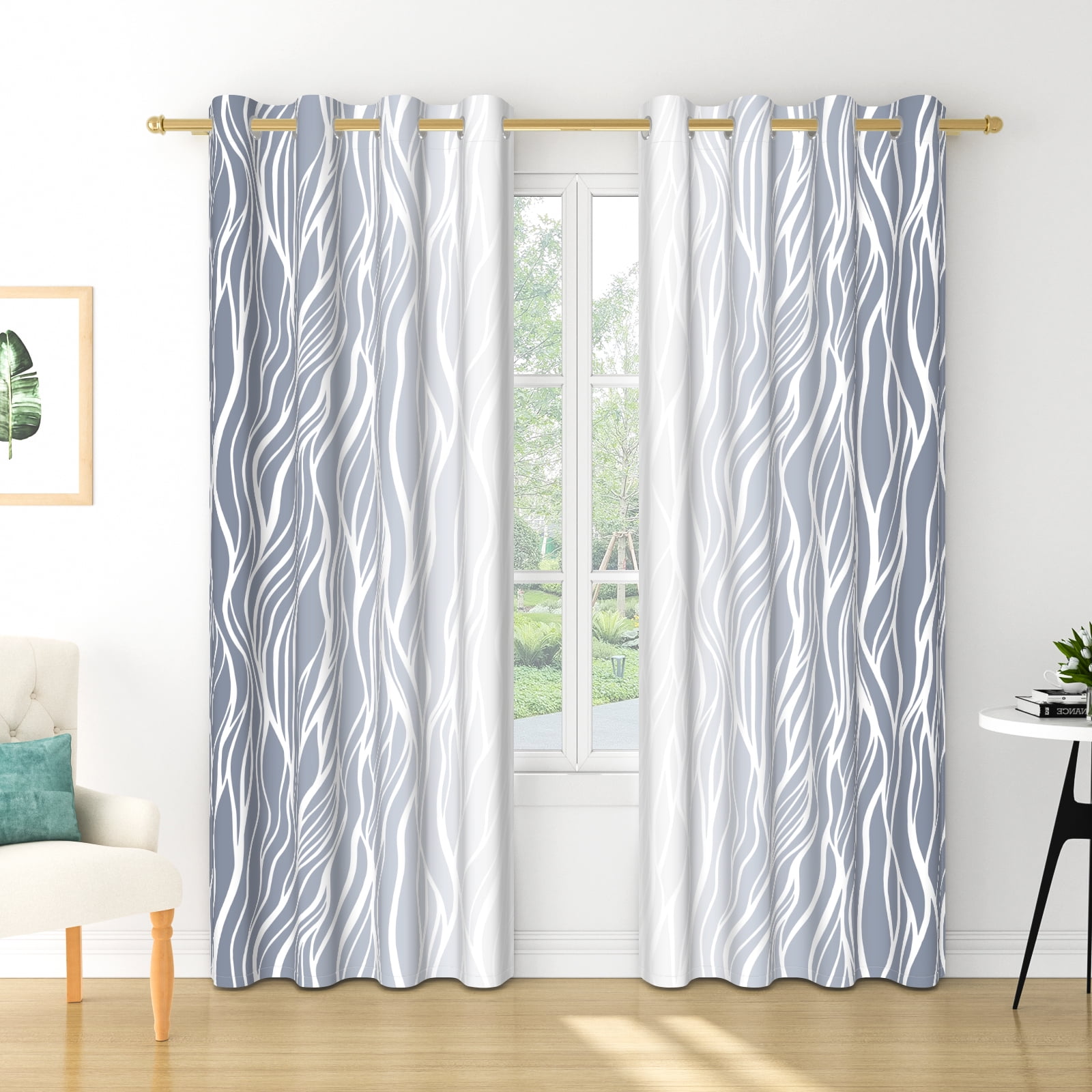 Nanqianyi Light Grey Blackout Curtains 42 X 63 Inch Length 2 Panels, White Wave Line Ombre Thermal Insulated Drapes for Bedroom, Living Room