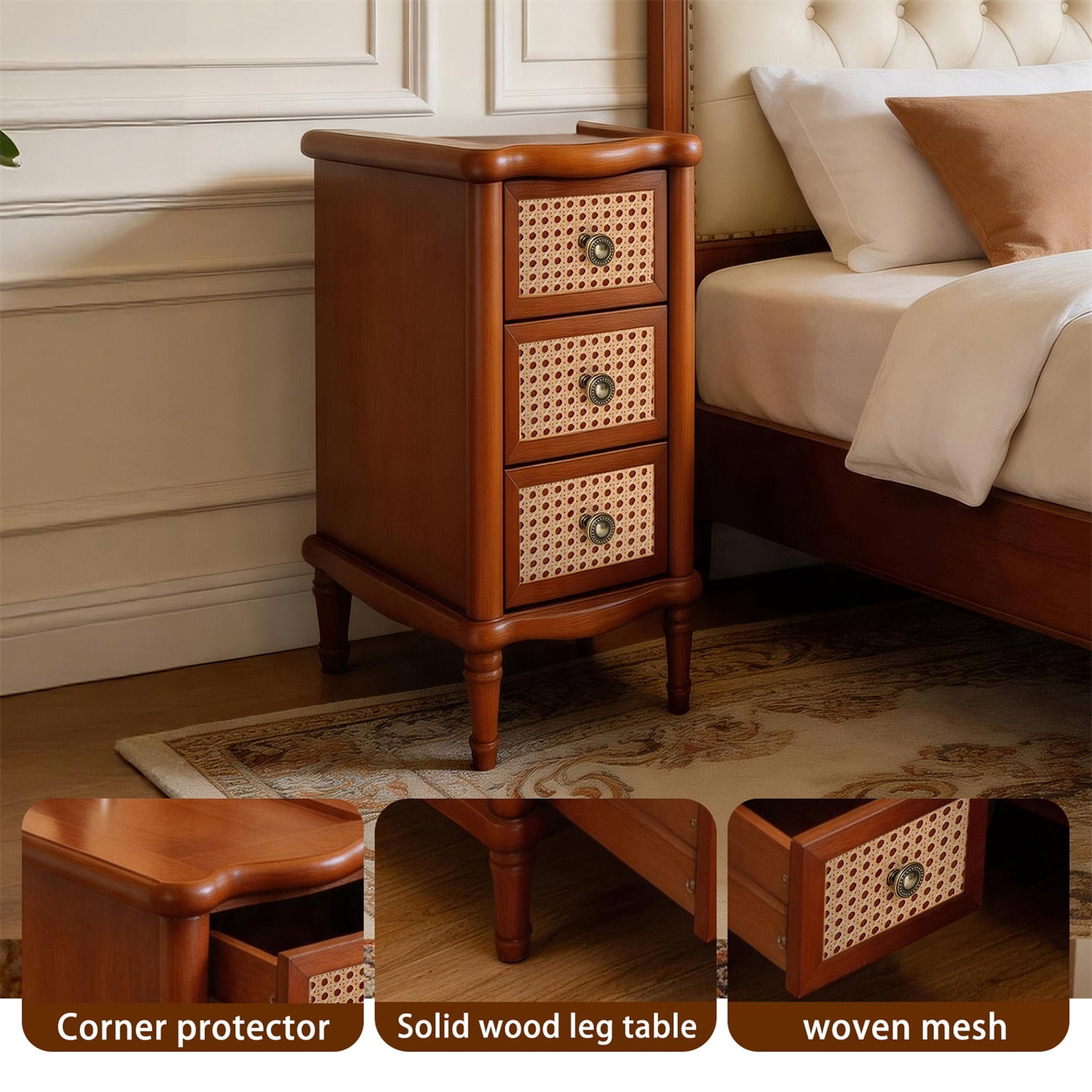 Hommoo Rattan End Table with 3 Drawers, Narrow Light & Seadrift Bedroom Side Table, Solid Wood Look MDF Nightstand for Living Room, Office or Bathroom, Walnut