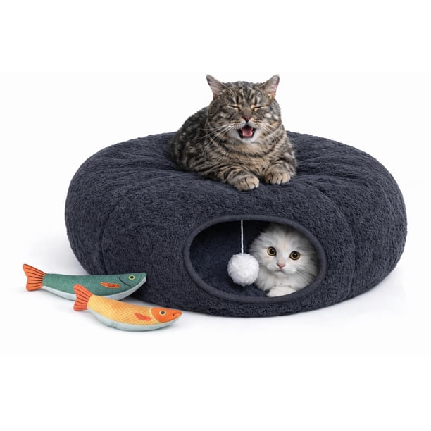 Cama túnel para gatos interior, juguete tipo donut, cueva redonda para escondite, gris oscuro