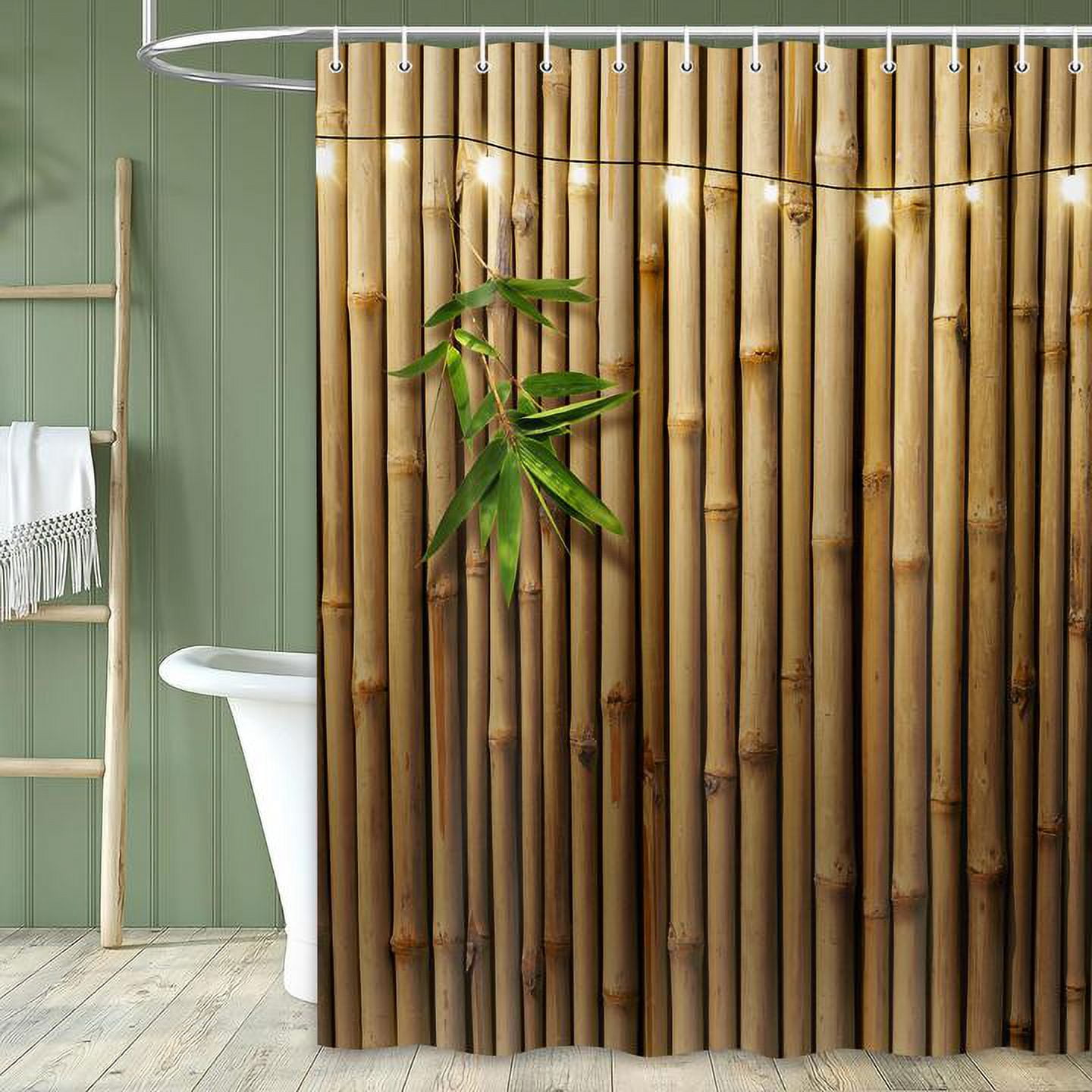 Bamboo Shower Curtain, Japanese 3D Shower Curtain Set for Bathroom, Nature Zen with Lights Fabric Shower Curtain Restroom Bathtub Decor Accessories with Hooks 72X 75 inch