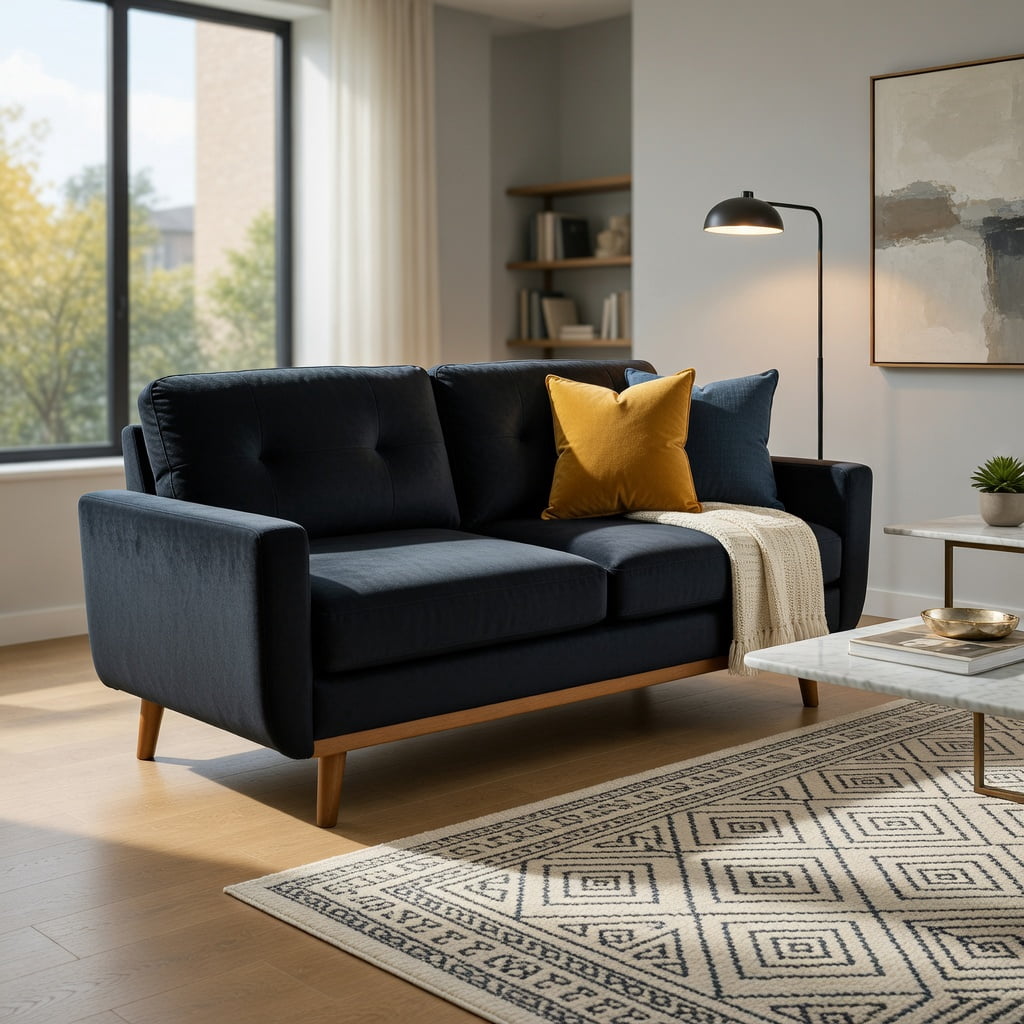 Hommoo 65" Mid-Century Modern Two-Seater Sofa, Breathable Foil Polyester Fabric, Solid Wood Legs, Tool-Free Assembly, Black