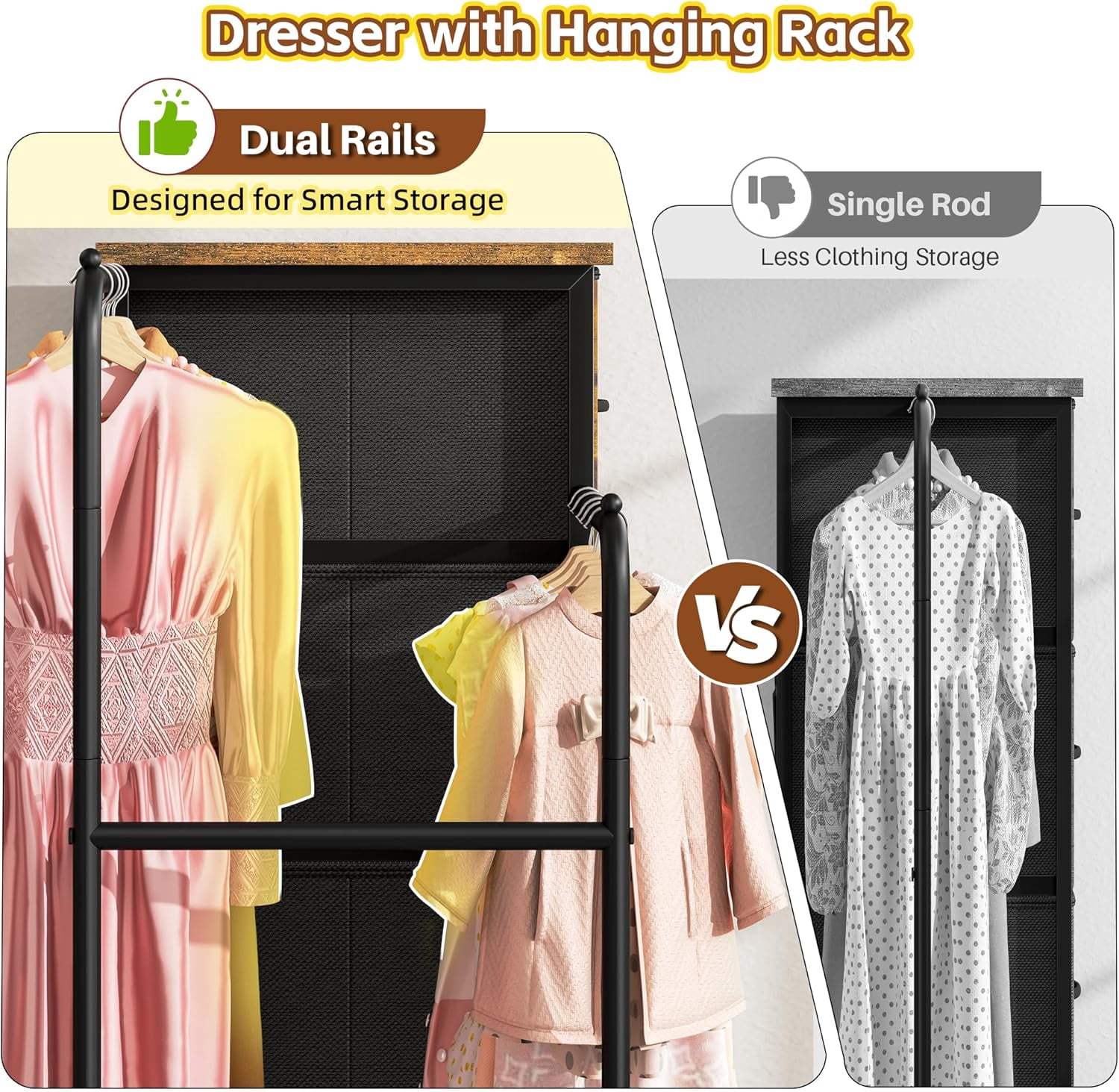47.3" H Dresser with Hanging Rack, 4 Fabric Drawers with Double Clothes Rack & Wheels, Tall Closet Organizer Dresser for Bedroom, Entryway, Rustic Brown, 15.8" D x 29.9" W x 47.3" H