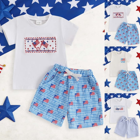 Nwiuh Toddler Boy 4th Of July Outfit Baby American Flag Embroidery T Shirt Shorts Set Fourth Of July Clothes Summer Blue for Size 0-6 Months