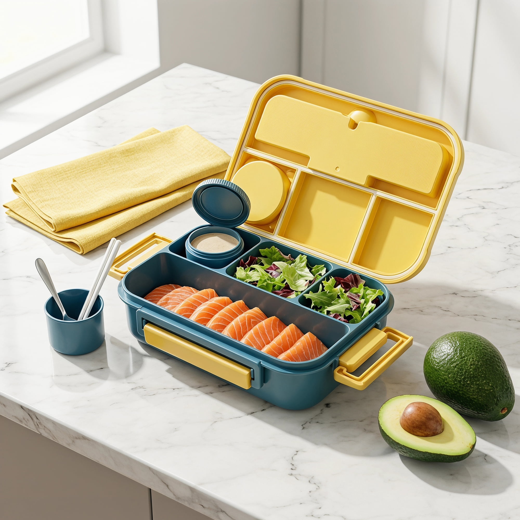 Unique Bargains Leakproof Meal Bento Lunch Box with Utensil Slot Dip Cup Navy Blue
