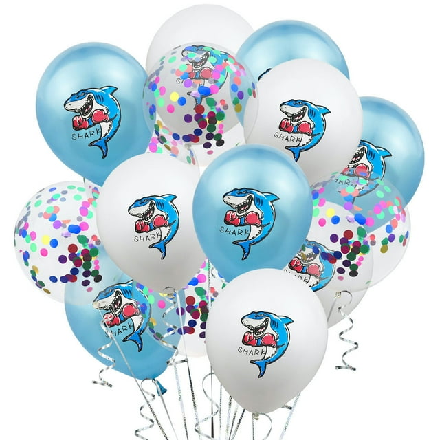 Látex con estampado de dibujos animados de tiburones en globo, azul y blanco, 15 unidades
