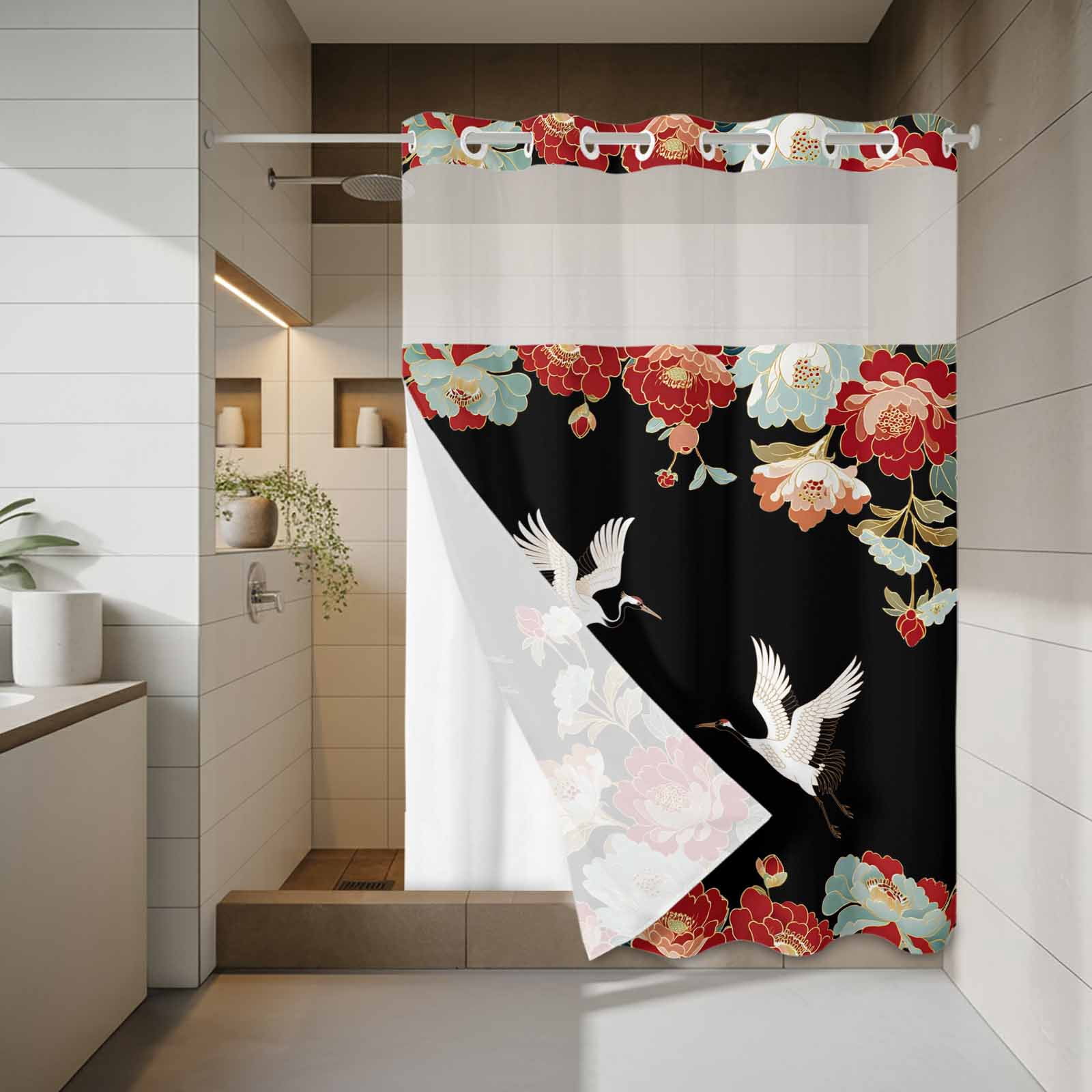 No Hook Shower Curtain with Snap in Liner, Japanese Cranes Peony Waterproof Fabric Bathroom Curtain Mesh Top Window, Country Animal Plants Shower Curtains 48x72in