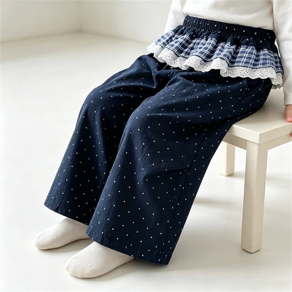 Girls Pants Cute Dots Print wide Leg Pants with Lacec Hems Skirts (Navy)