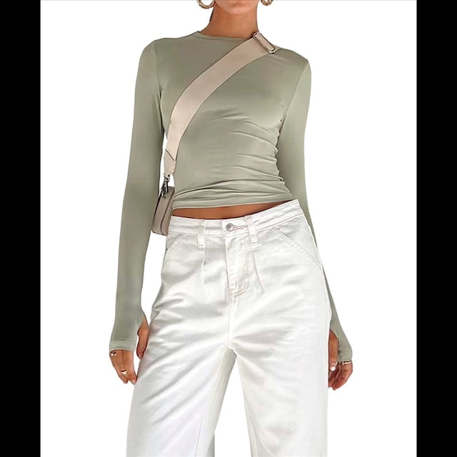 Camiseta Corta Ajustada para Mujer para Salir, Informal, de Color Liso, con Cuello Redondo y Larga Verde L