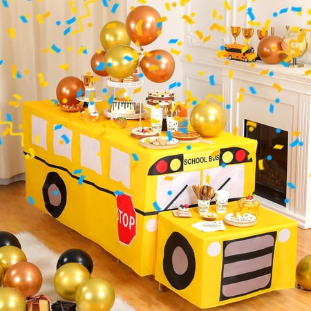 XD4-2 Set School Bus Tablecloth for Back to School Party Table Cover Include 6ft and 2ft Tablecloth First Day of School Party Table Protector School Bus Theme Birthday Party*04