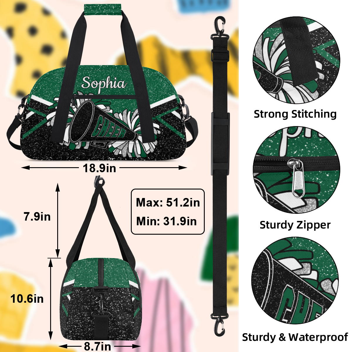 Jiaoprinted Personalized Cheer Bag for Women, Custom Sport Duffel Bag with Name, Customized Gym Bag, Weekender Overnight Bag, Cheerleading Gifts, Black Green Glitter