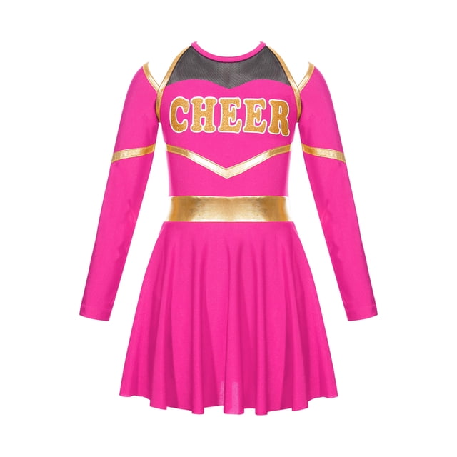 Mufeng Robe de Cheerleader d'Halloween pour Filles Manches Longues Épaules Dénudées Robe de Danse Rose Vif 8