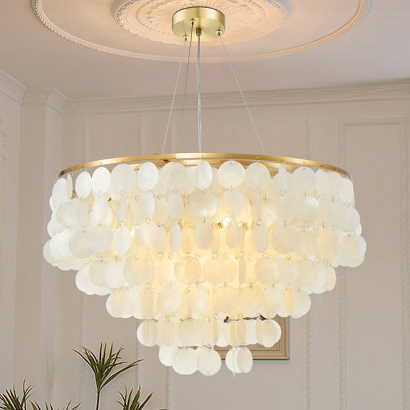 KPIBEST Mediterranean 60cm Shell Round Living Dining Modern Pendant Chandelier Lamp