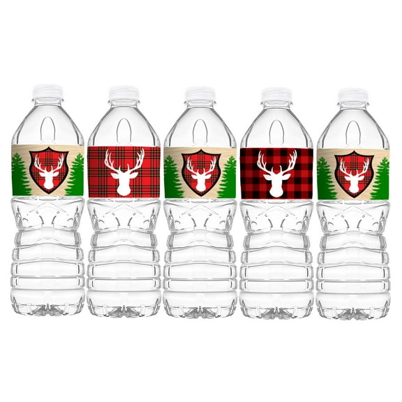 Woodland Reindeer Bottle Wraps - 20 Reindeer Water Bottle Labels - Reindeer Lumberjack Camping Decorations - Made in the USA