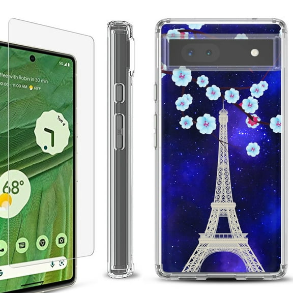 Shockproof Bumper Phone Case for Google Pixel 6a, with Tempered Glass Screen Protector, by OneToughShield ® - Eiffel Tower Stars