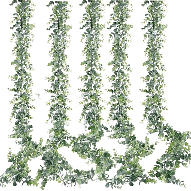 Nvzi Guirnalda de eucalipto artificial, paquete de 5, guirnalda de vegetación de eucalipto falso, plantas colgantes falsas, enredaderas artificiales, 6 pies