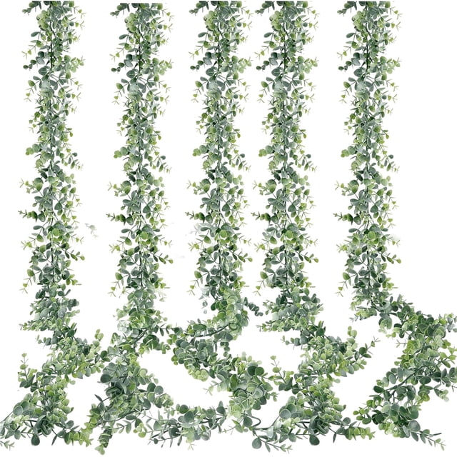 Nvzi Guirnalda de eucalipto artificial, paquete de 5, guirnalda de vegetación de eucalipto falso, plantas colgantes falsas, enredaderas artificiales, 6 pies