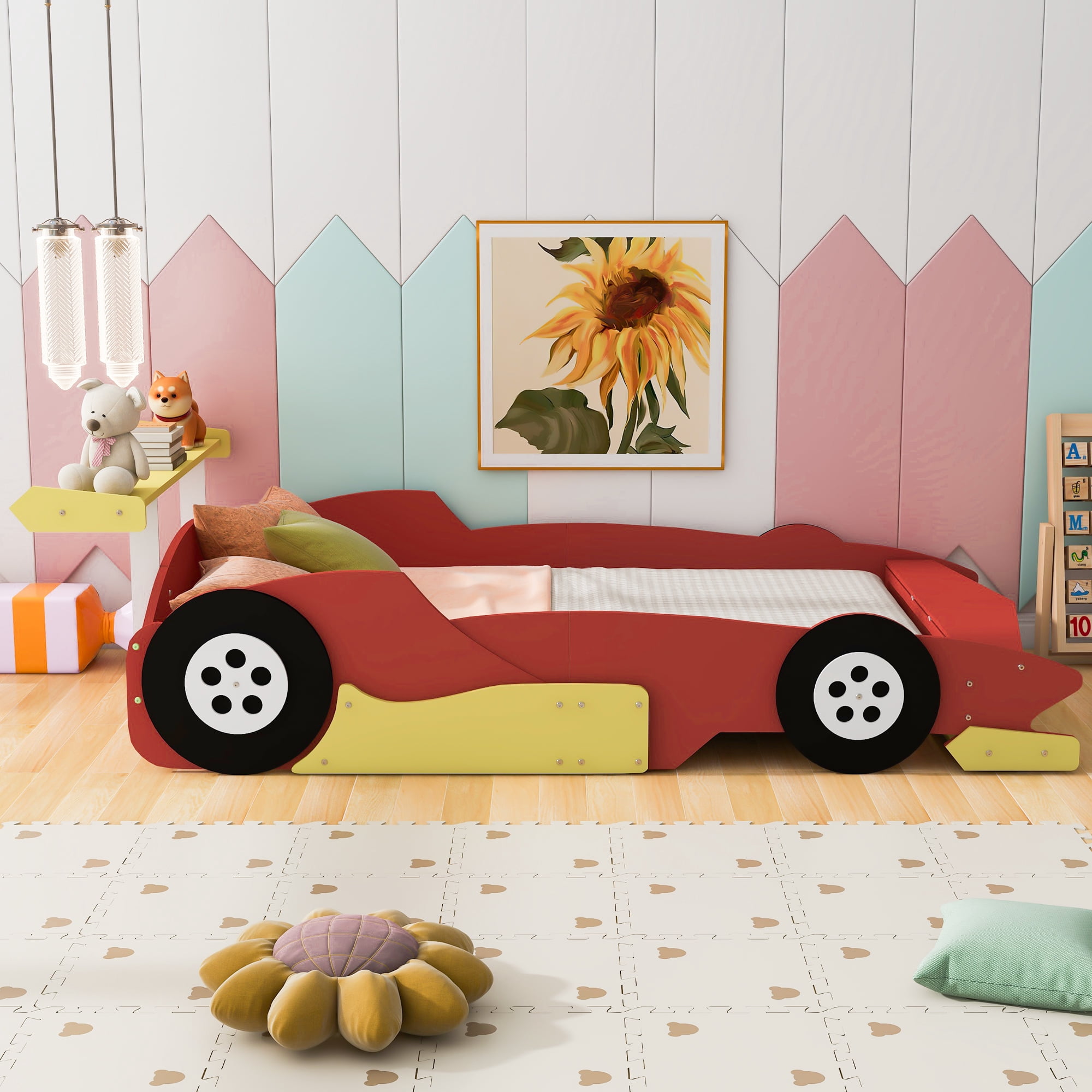 Full Size Race Car-Shaped Platform Bed with Wheels,Red(OLD SKU: LP002420AAJ)