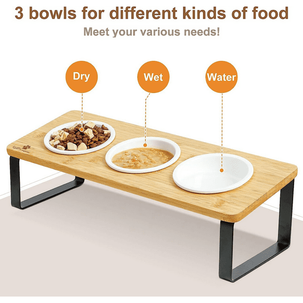 Comedero para gatos con cuenco elevado e inclinado, mesa de comedor para gatos de madera maciza, 3 cuencos, estante de alimentación para gatos para interiores