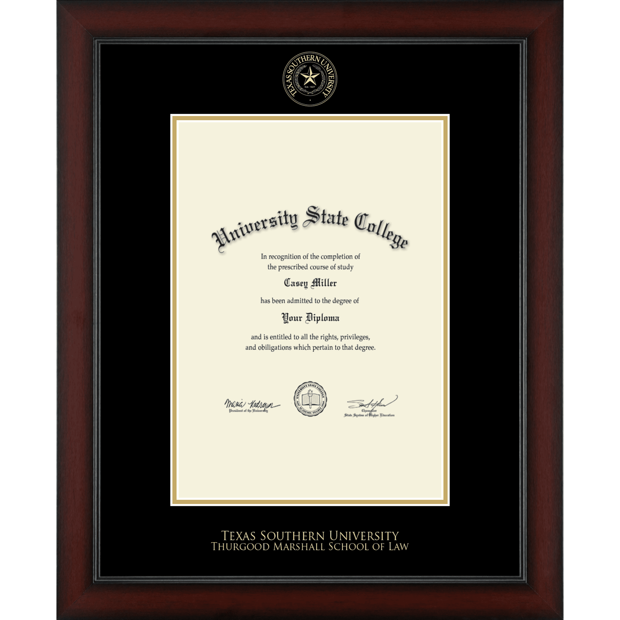 Texas Southern University Thurgood Marshall School of Law Diploma Frame, Document Size 12" x 17"