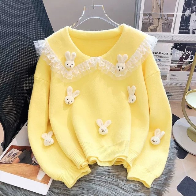 Sweet Women Sweater Cartoon Rabbits Lace Patchwork Peter Pan Collar Pullover Preppy Style Loose Knit Tops Female Jumper FGS