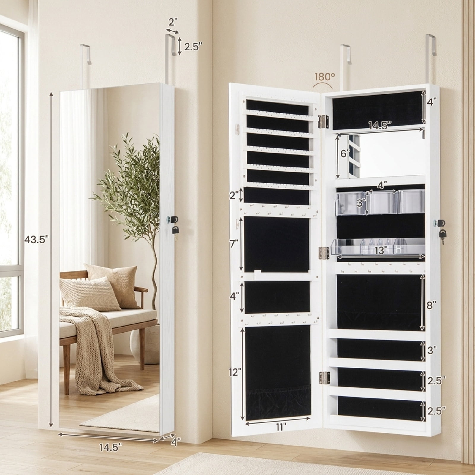 Furnibear 43.5 Inch Jewelry Mirror Cabinet with Full-length Mirror and Adjustable Hangers for Bedroom Dressing Room Jewelry Necklace Rings, White