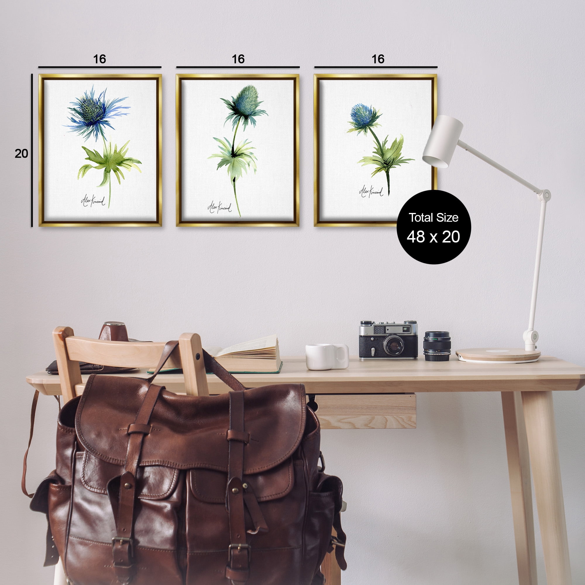 Stupell Industries Thistle Watercolors on White Botanical & Floral Painting Gold Floater Framed Canvas Art Print Wall Art, 17 x 21, Set of 3